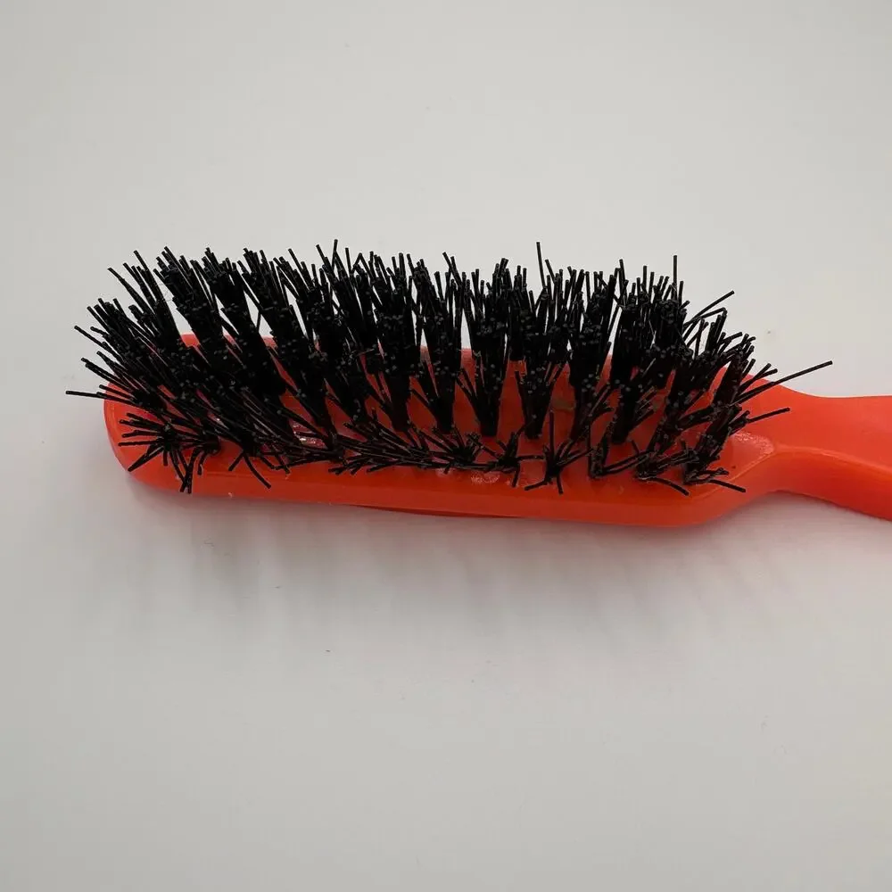 Vintage Orange Plastic Hair Brush Black Bristles Faceted Handle